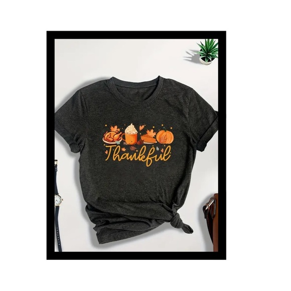 Thanksgiving Letter Print  Casual Crew Neck Short Sleeve T-shirt - Picture 1 of 5